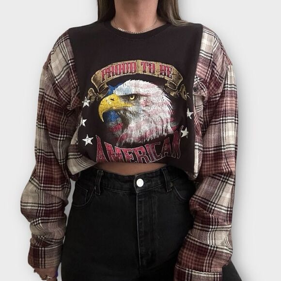 Reworked Upcycled Patriot USA Bald Eagle Grunge Biker Plaid Long Sleeved Shirt - Picture 9 of 9